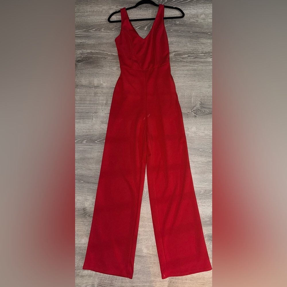 Vibrant Red Wide Leg Jumpsuit with Structured Design
